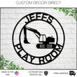 Load image into Gallery viewer, Construction themed Nursery Sign, Excavator Name Sign, Metal Circle Name Sign, Custom Baby Sign, Kids Name Sign, Nursery Decor, Excavator
