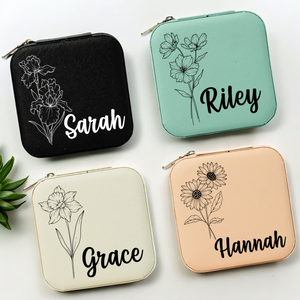Personalized travel jewelry box, square earring organizer, bridesmaid gifts, Floral Jewelry Case, Personalized Birth Flower Jewelry Box