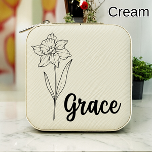 Personalized travel jewelry box, square earring organizer, bridesmaid gifts, Floral Jewelry Case, Personalized Birth Flower Jewelry Box
