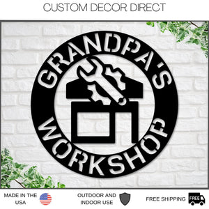 Personalized Workshop Sign - Steel Saw Blade, Hammer & Wrench Metal Wall Decor