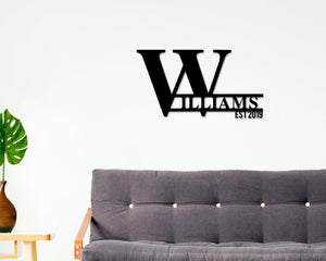 Metal last name sign custom black color hanging on wall