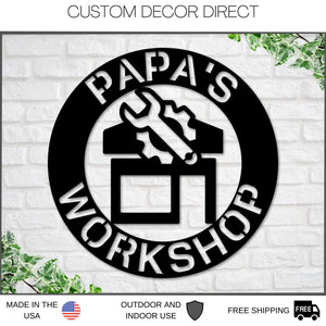 Personalized Workshop Sign - Steel Saw Blade, Hammer & Wrench Metal Wall Decor