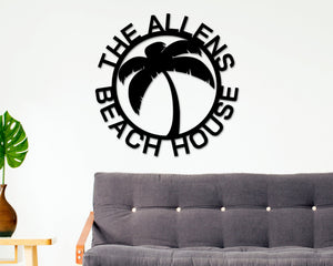 Christmas Gift, Beach House Personalized,  Steel Metal Wall Sign, Wall Customized with Name and Palm Trees, Personalized Palm Tree Metal