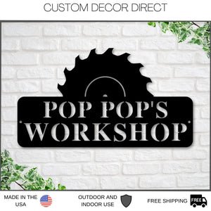 Pop Pop's Workshop Sign In A Saw Blade, Crescent Wrench & Hammer Art, Gifts For Pop Pop, Woodworker Sign, Custom Workshop Sign, Gift for Dad