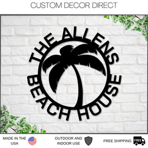 Christmas Gift, Beach House Personalized,  Steel Metal Wall Sign, Wall Customized with Name and Palm Trees, Personalized Palm Tree Metal