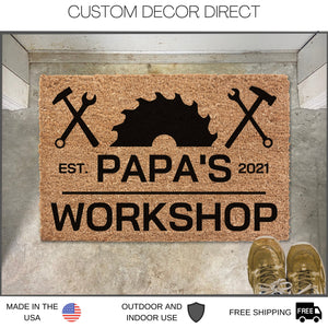 Personalized Fathers Day Gift, Papa's Workshop, Papa's Garage Doormat, Welcome Mat, Gift for Husband, Gift for Papa, Shop Doormat, Paw paw