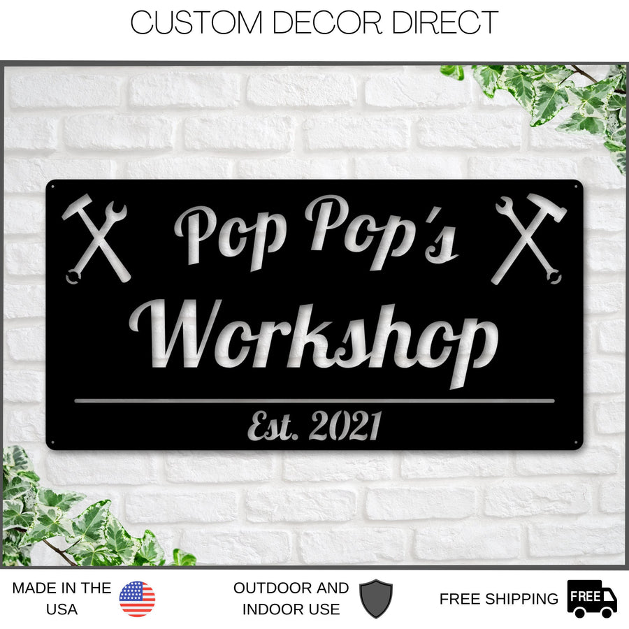 Fathers Day personalized Sign, Pop Pop's Workshop Sign, Crescent Wrench & Hammer Art, Gifts For Pop Pop, Custom Workshop Sign, Gift for Dad