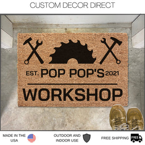Personalized Fathers Day Gift, Pop Pop's Workshop, Pop Pop's Garage Doormat, Welcome Mat, Gift for Husband, Gift for Pop Pop, Shop Doormat
