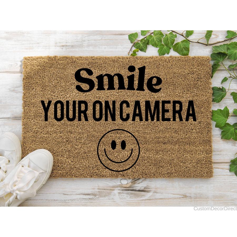 Smile your on camera Doormat, Security camera Sign Mat, Funny Door mat, New home gift, Security Sign Mat, Private Property, No trespassing