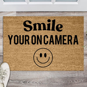 Smile your on camera Doormat, Security camera Sign Mat, Funny Door mat, New home gift, Security Sign Mat, Private Property, No trespassing