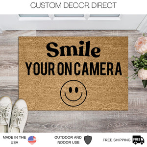 Smile your on camera Doormat, Security camera Sign Mat, Funny Door mat, New home gift, Security Sign Mat, Private Property, No trespassing