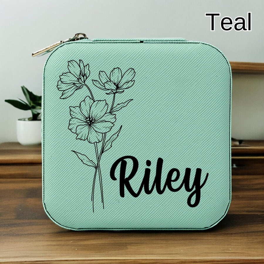 Personalized travel jewelry box, square earring organizer, bridesmaid gifts, Floral Jewelry Case, Personalized Birth Flower Jewelry Box, her