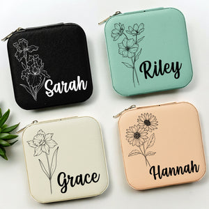 Personalized travel jewelry box, square earring organizer, bridesmaid gifts, Floral Jewelry Case, Personalized Birth Flower Jewelry Box, her