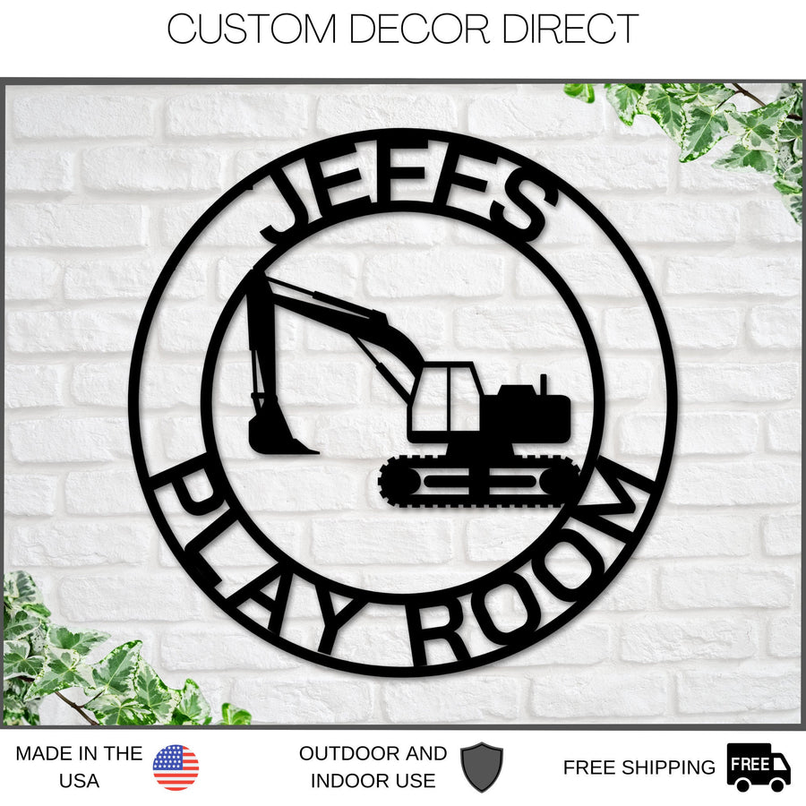 Construction themed Nursery Sign, Excavator Name Sign, Metal Circle Name Sign, Custom Baby Sign, Kids Name Sign, Nursery Decor, Excavator