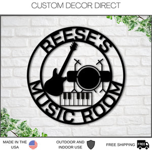 Custom Music Room Sign, Music Studio Metal Sign, Personalized Music Decor, Musical Instruments Sign, Musician Gift, Guitar Drums Keyboard