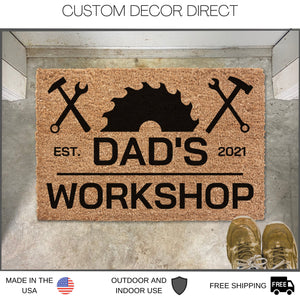 Personalized Fathers Day Gift, Dads Workshop, Dads Garage Doormat, Welcome Mat, Gift for Husband, Gift for Dad, Personalized Doormat Shop