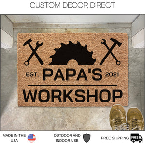 Personalized Fathers Day Gift, Papa's Workshop, Papa's Garage Doormat, Welcome Mat, Gift for Husband, Gift for Papa, Shop Doormat, Paw paw