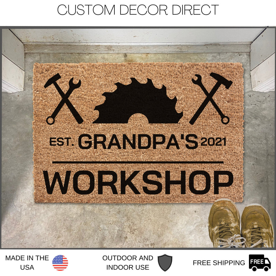 Personalized Fathers Day Gift, Dads Workshop, Dads Garage Doormat, Welcome Mat, Gift for Husband, Gift for Dad, Personalized Doormat Shop